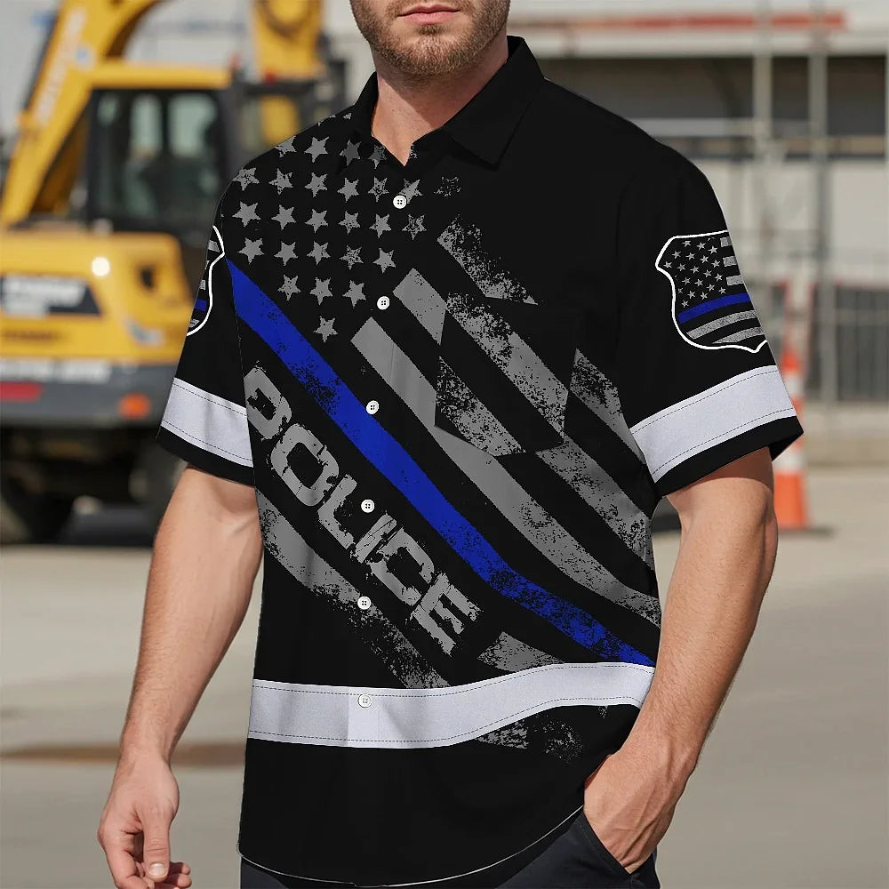 Hi Vis Hawaiian Shirt Reflective Tapes Blue Police Custom Name Safety Workwear