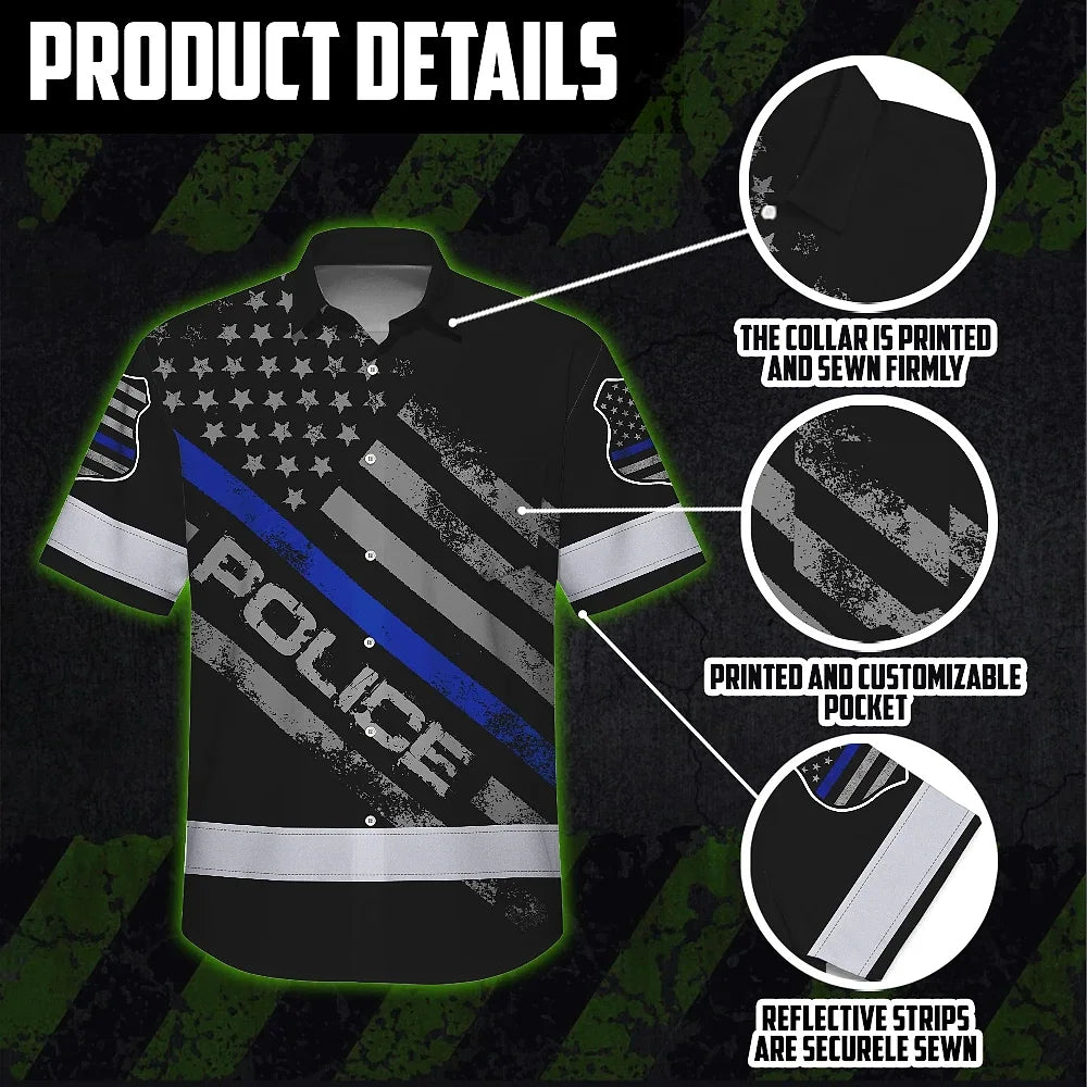 Hi Vis Hawaiian Shirt Reflective Tapes Blue Police Custom Name Safety Workwear