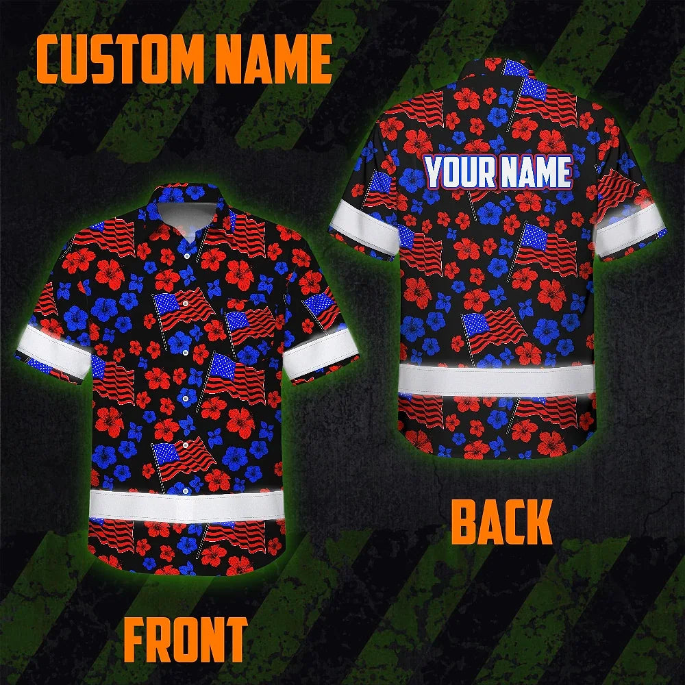 Hi Vis Hawaiian Shirt Reflective Tapes Blue Red Neon US Flag Flower Custom Name Safety Workwear For Workers, Truckers, Operators, Independence