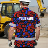 Hi Vis Hawaiian Shirt Reflective Tapes Blue Red Neon US Flag Flower Custom Name Safety Workwear For Workers, Truckers, Operators, Independence