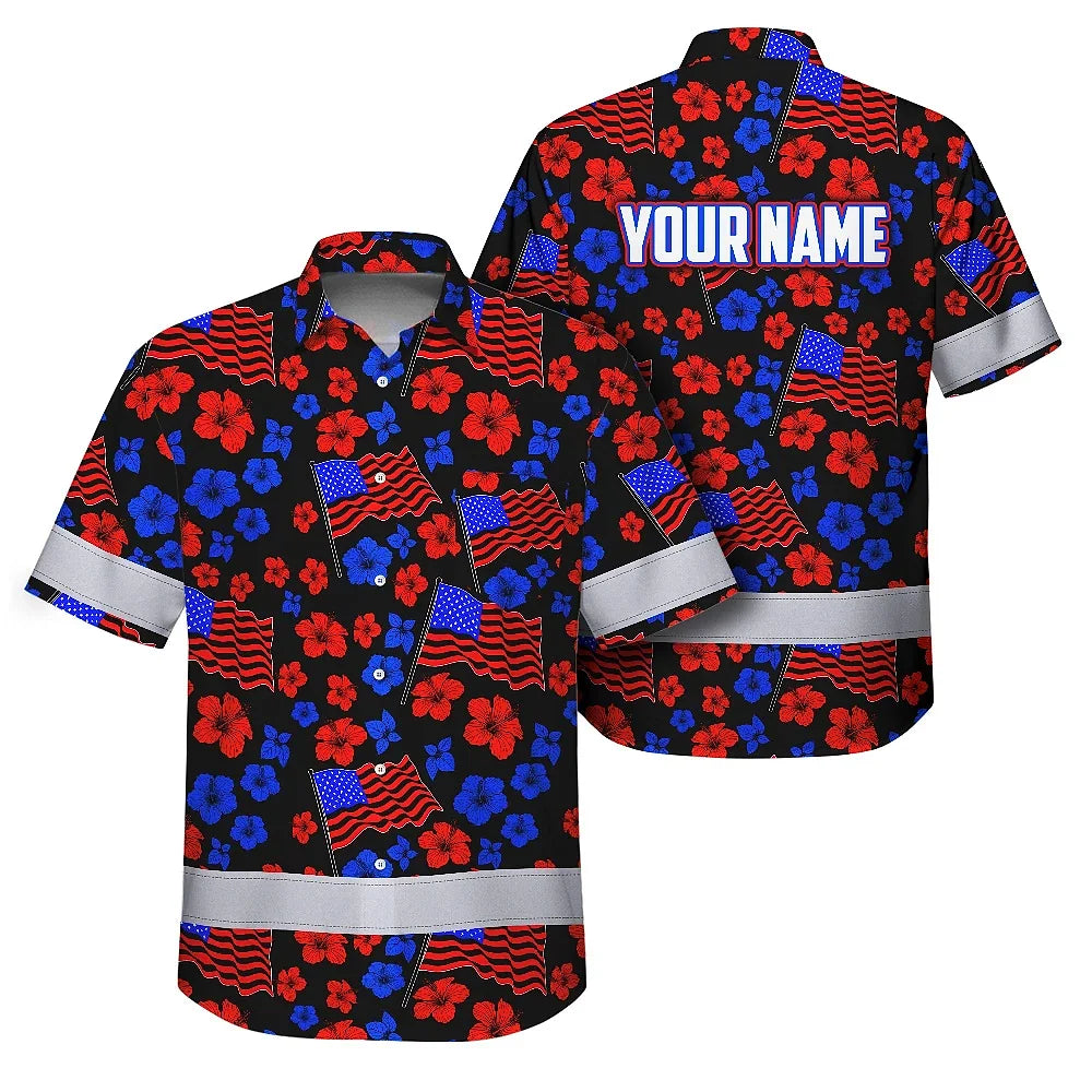 Hi Vis Hawaiian Shirt Reflective Tapes Blue Red Neon US Flag Flower Custom Name Safety Workwear For Workers, Truckers, Operators, Independence