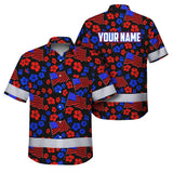 Hi Vis Hawaiian Shirt Reflective Tapes Blue Red Neon US Flag Flower Custom Name Safety Workwear For Workers, Truckers, Operators, Independence