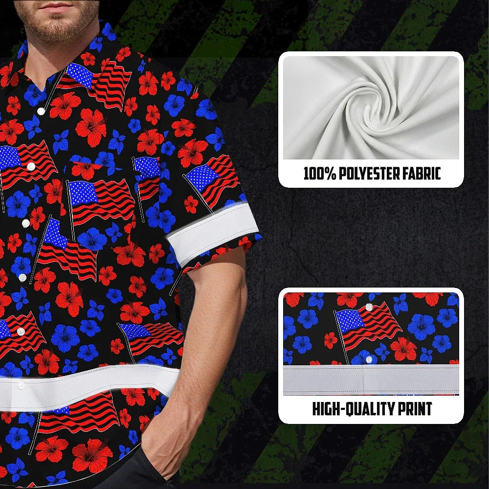 Hi Vis Hawaiian Shirt Reflective Tapes Blue Red Neon US Flag Flower Custom Name Safety Workwear For Workers, Truckers, Operators, Independence