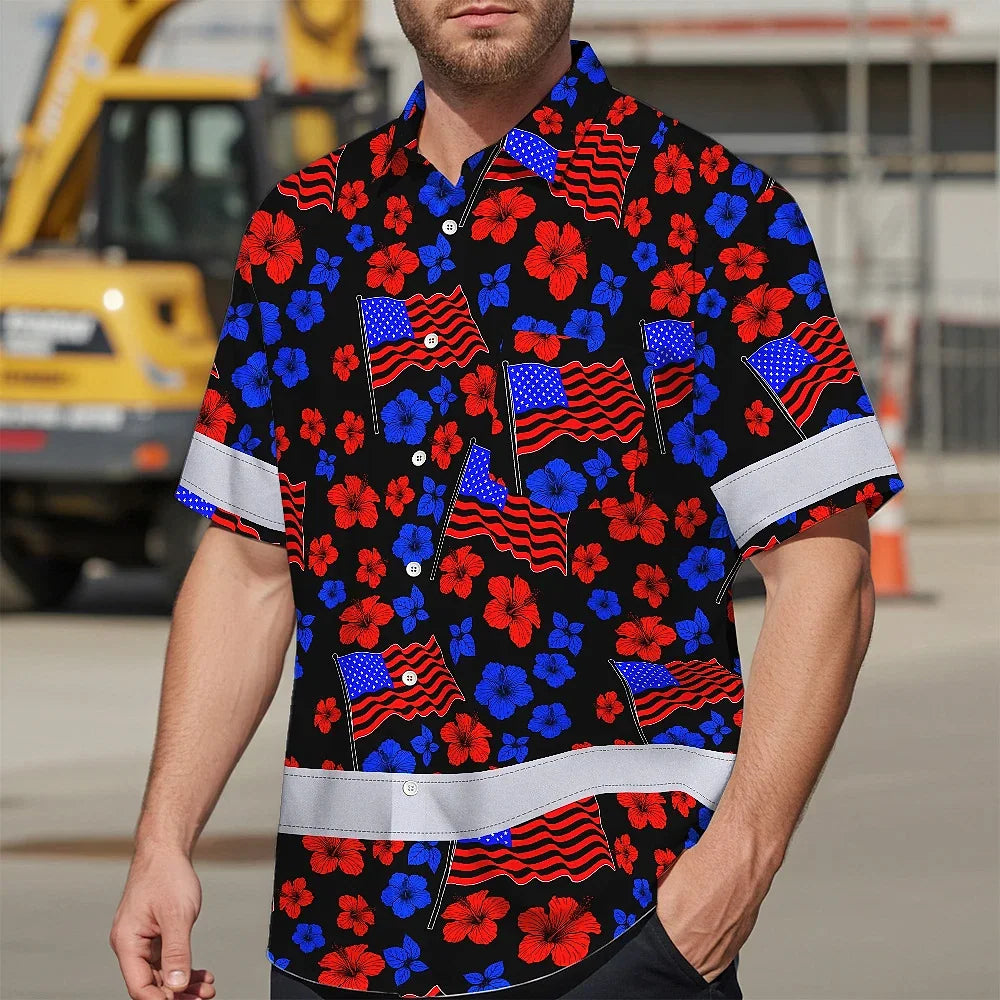 Hi Vis Hawaiian Shirt Reflective Tapes Blue Red Neon US Flag Flower Custom Name Safety Workwear For Workers, Truckers, Operators, Independence