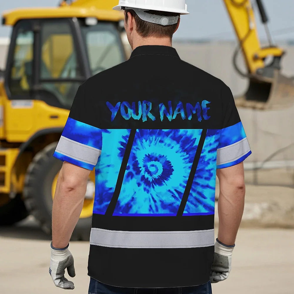 Hi Vis Hawaiian Shirt Reflective Tapes Blue Tie Dye Custom Name Safety Workwear For Workers, Runners, Cyclists