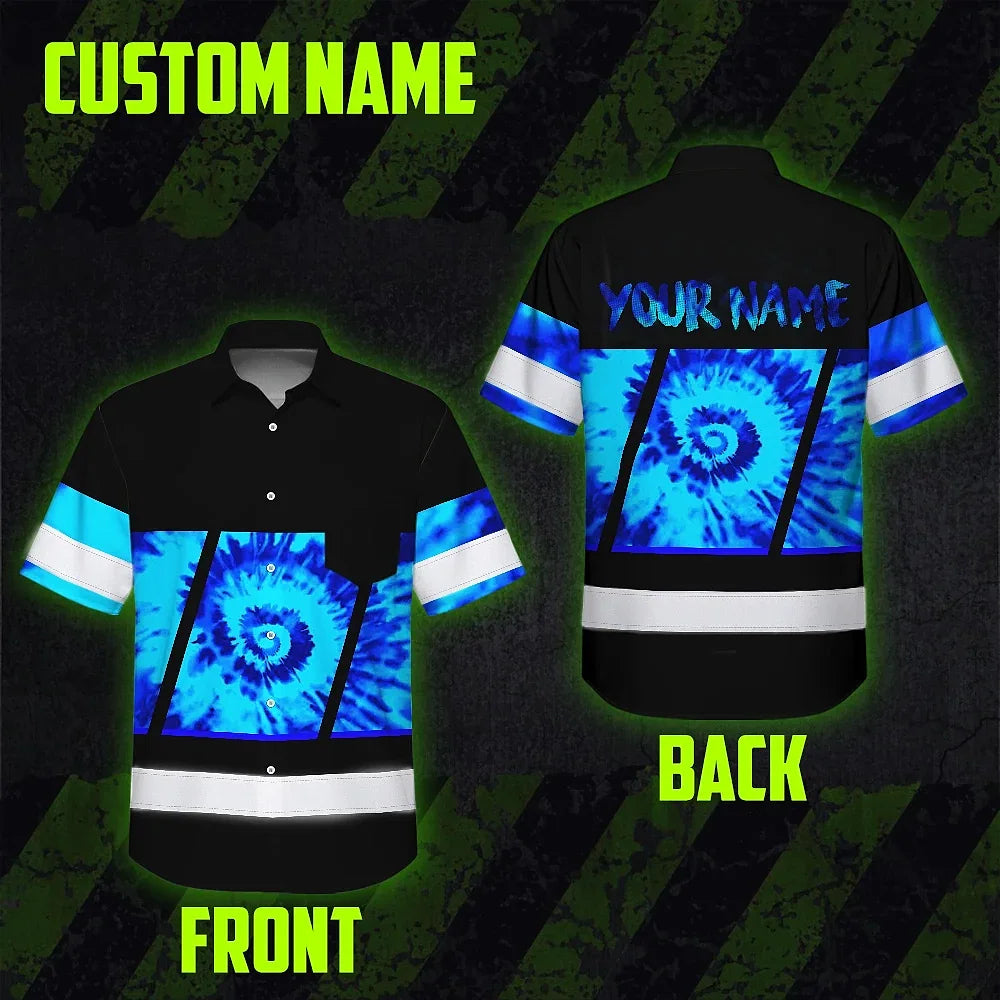 Hi Vis Hawaiian Shirt Reflective Tapes Blue Tie Dye Custom Name Safety Workwear For Workers, Runners, Cyclists