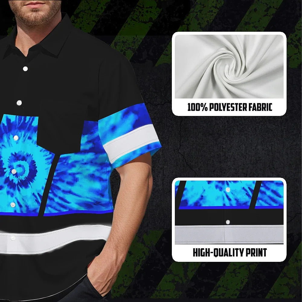 Hi Vis Hawaiian Shirt Reflective Tapes Blue Tie Dye Custom Name Safety Workwear For Workers, Runners, Cyclists