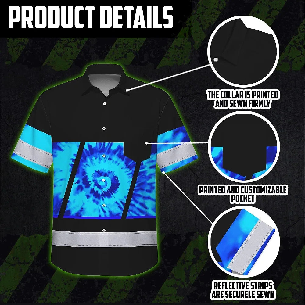 Hi Vis Hawaiian Shirt Reflective Tapes Blue Tie Dye Custom Name Safety Workwear For Workers, Runners, Cyclists
