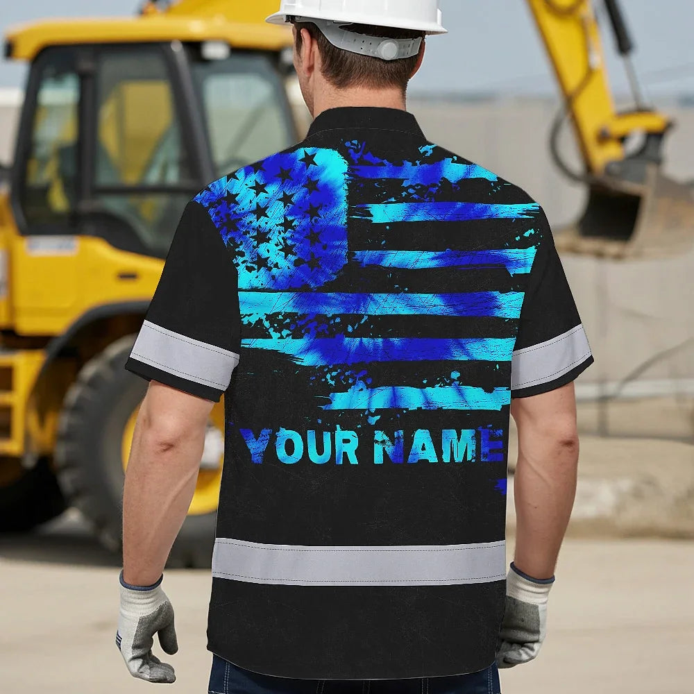 Hi Vis Hawaiian Shirt Reflective Tapes Blue Tie Dye US Flag Custom Name