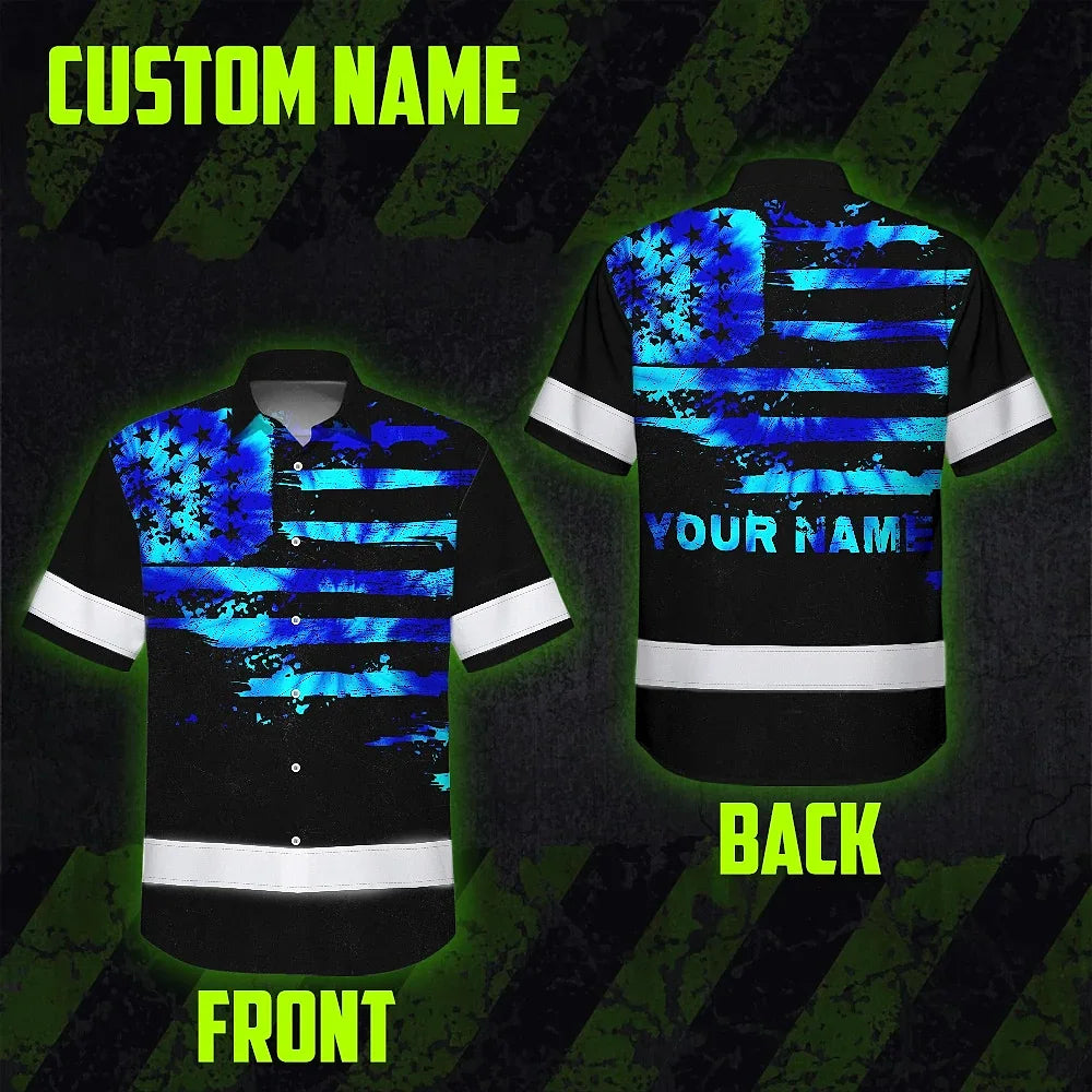 Hi Vis Hawaiian Shirt Reflective Tapes Blue Tie Dye US Flag Custom Name