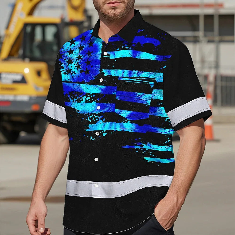 Hi Vis Hawaiian Shirt Reflective Tapes Blue Tie Dye US Flag Custom Name