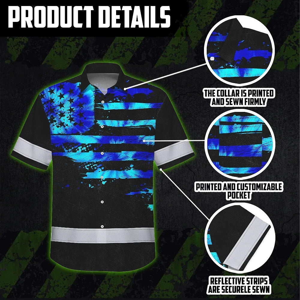 Hi Vis Hawaiian Shirt Reflective Tapes Blue Tie Dye US Flag Custom Name