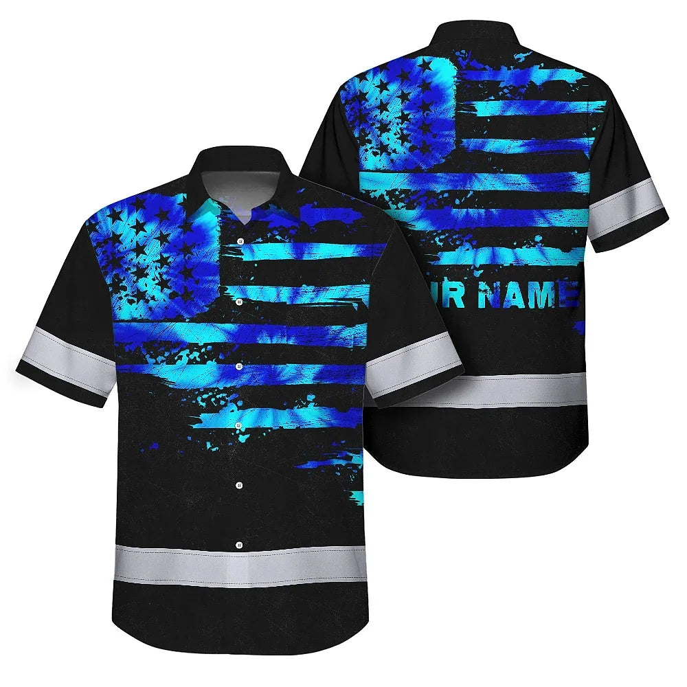 Hi Vis Hawaiian Shirt Reflective Tapes Blue Tie Dye US Flag Custom Name