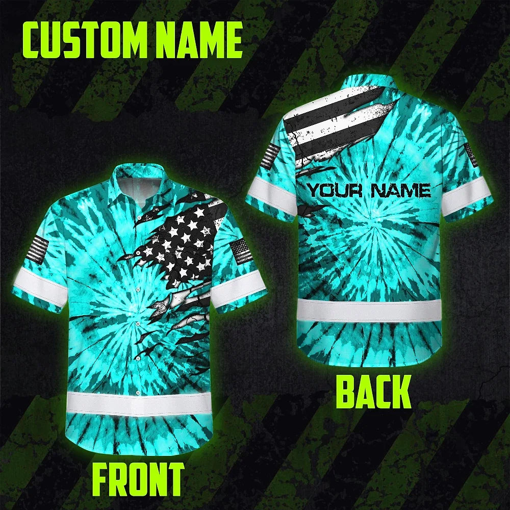 Hi Vis Hawaiian Shirt Reflective Tapes Blue Tie Dye US Flag Scratch Custom Name Safety Workwear For Workers, Runners, Cyclists