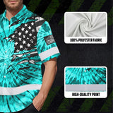 Hi Vis Hawaiian Shirt Reflective Tapes Blue Tie Dye US Flag Scratch Custom Name Safety Workwear For Workers, Runners, Cyclists