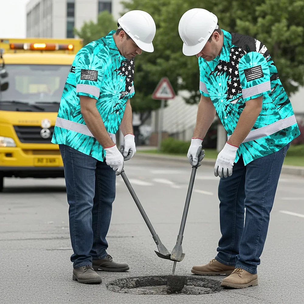 Hi Vis Hawaiian Shirt Reflective Tapes Blue Tie Dye US Flag Scratch Custom Name Safety Workwear For Workers, Runners, Cyclists