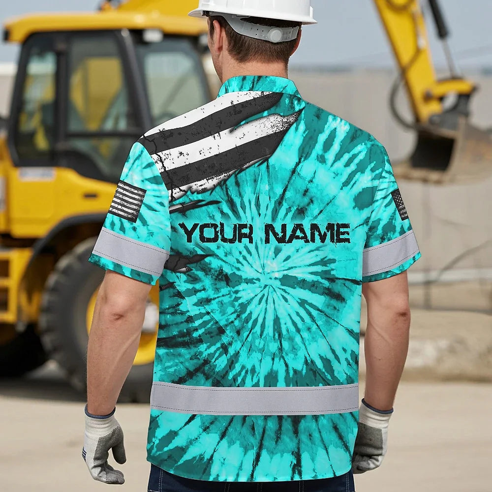 Hi Vis Hawaiian Shirt Reflective Tapes Blue Tie Dye US Flag Scratch Custom Name Safety Workwear For Workers, Runners, Cyclists