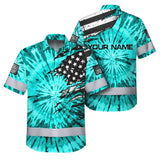 Hi Vis Hawaiian Shirt Reflective Tapes Blue Tie Dye US Flag Scratch Custom Name Safety Workwear For Workers, Runners, Cyclists