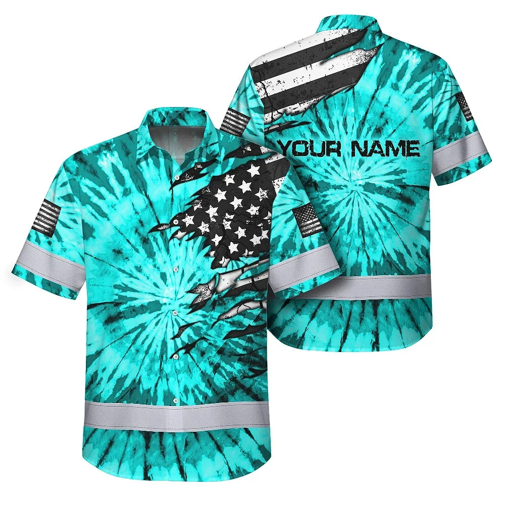 Hi Vis Hawaiian Shirt Reflective Tapes Blue Tie Dye US Flag Scratch Custom Name Safety Workwear For Workers, Runners, Cyclists