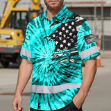 Hi Vis Hawaiian Shirt Reflective Tapes Blue Tie Dye US Flag Scratch Custom Name Safety Workwear For Workers, Runners, Cyclists