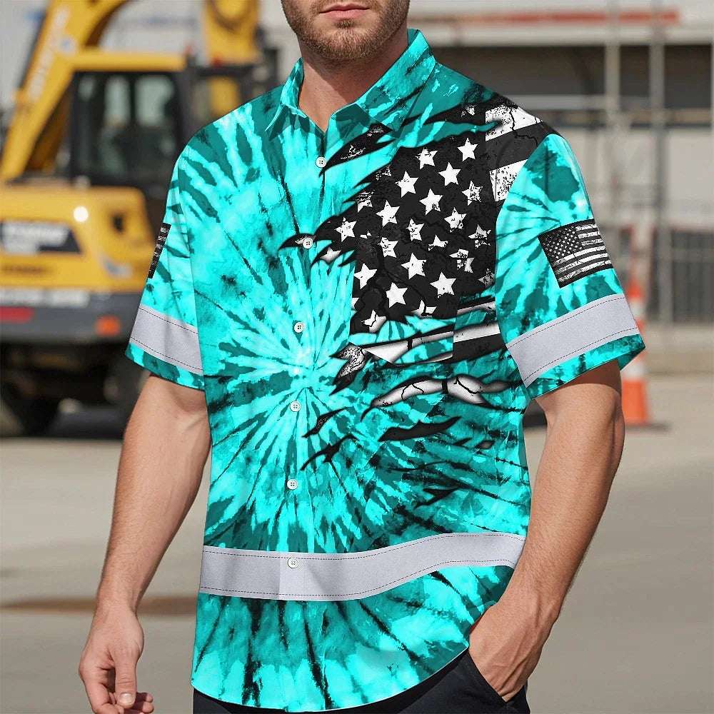 Hi Vis Hawaiian Shirt Reflective Tapes Blue Tie Dye US Flag Scratch Custom Name Safety Workwear For Workers, Runners, Cyclists