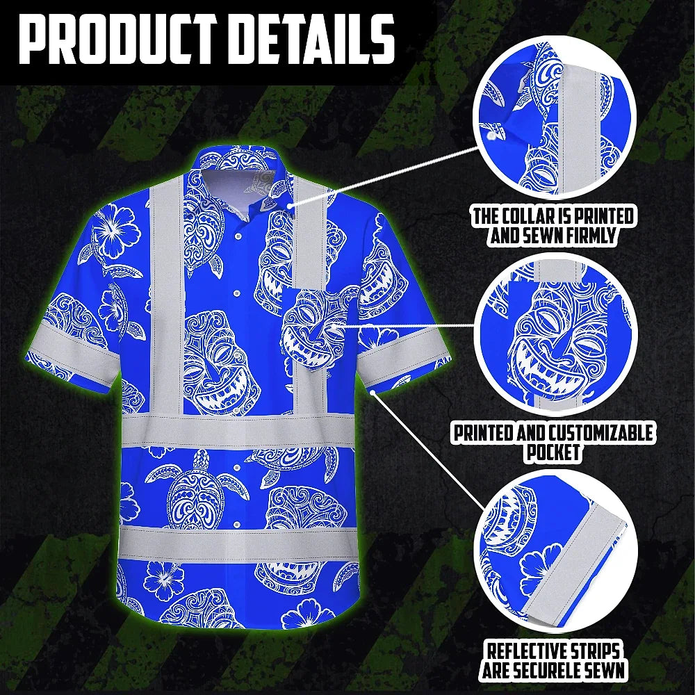 Hi Vis Hawaiian Shirt Reflective Tapes Blue Tiki Custom Name Safety Workwear For Workers, Truckers, Operators