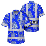 Hi Vis Hawaiian Shirt Reflective Tapes Blue Tiki Custom Name Safety Workwear For Workers, Truckers, Operators