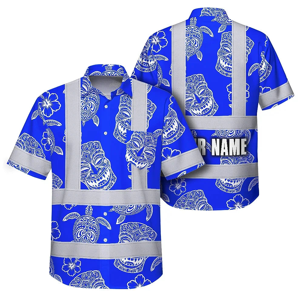 Hi Vis Hawaiian Shirt Reflective Tapes Blue Tiki Custom Name Safety Workwear For Workers, Truckers, Operators