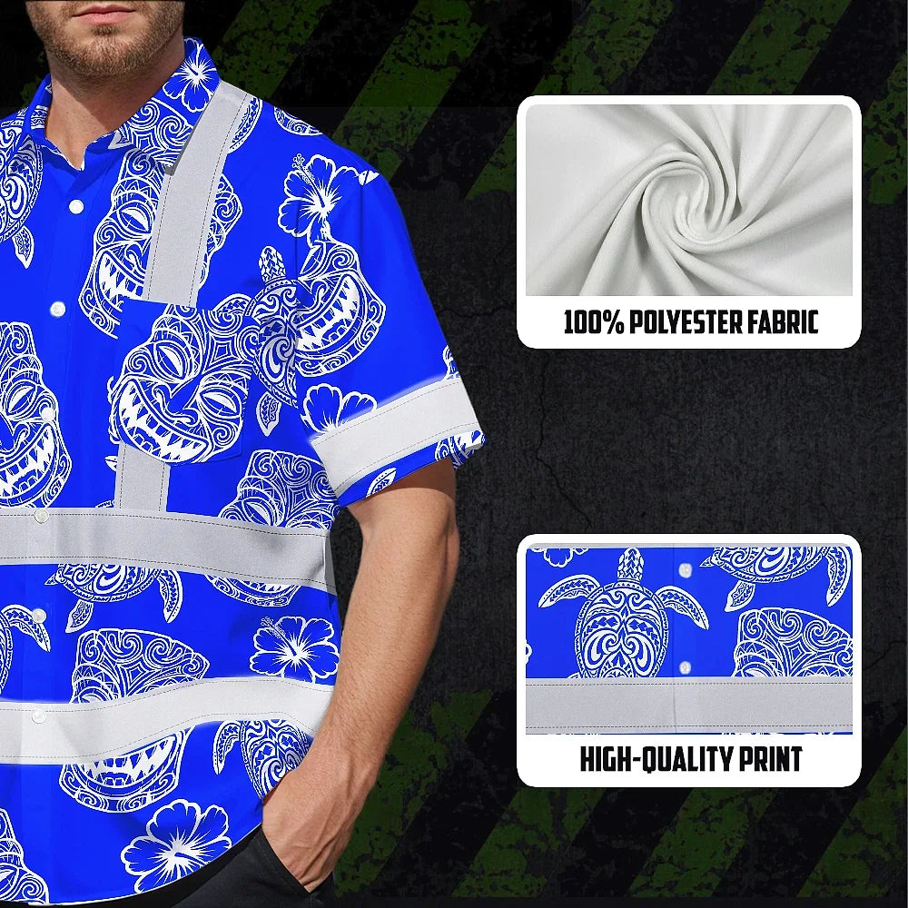 Hi Vis Hawaiian Shirt Reflective Tapes Blue Tiki Custom Name Safety Workwear For Workers, Truckers, Operators