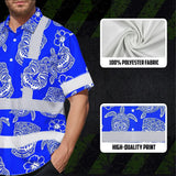 Hi Vis Hawaiian Shirt Reflective Tapes Blue Tiki Custom Name Safety Workwear For Workers, Truckers, Operators