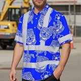 Hi Vis Hawaiian Shirt Reflective Tapes Blue Tiki Custom Name Safety Workwear For Workers, Truckers, Operators