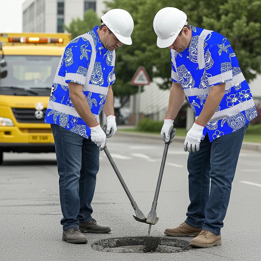 Hi Vis Hawaiian Shirt Reflective Tapes Blue Tiki Custom Name Safety Workwear For Workers, Truckers, Operators