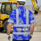 Hi Vis Hawaiian Shirt Reflective Tapes Blue Tiki Custom Name Safety Workwear For Workers, Truckers, Operators