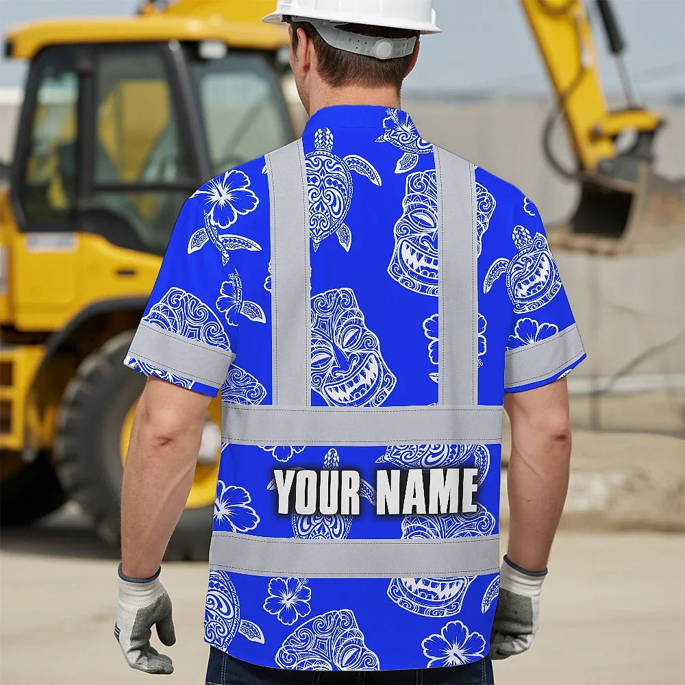 Hi Vis Hawaiian Shirt Reflective Tapes Blue Tiki Custom Name Safety Workwear For Workers, Truckers, Operators