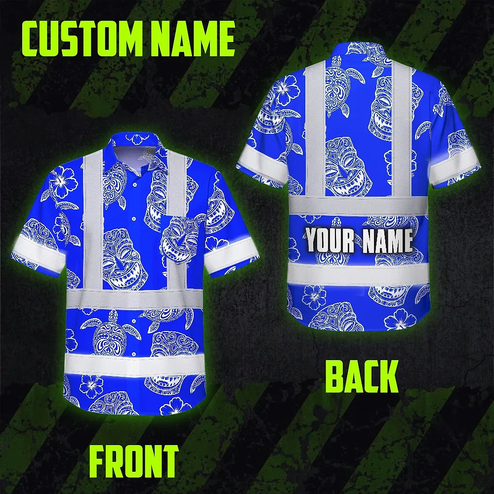 Hi Vis Hawaiian Shirt Reflective Tapes Blue Tiki Custom Name Safety Workwear For Workers, Truckers, Operators