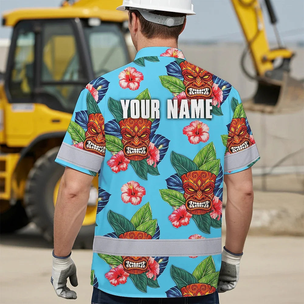 Hi Vis Hawaiian Shirt Reflective Tapes Blue Tiki Flower Custom Name Safety Workwear For Workers, Truckers, Operators