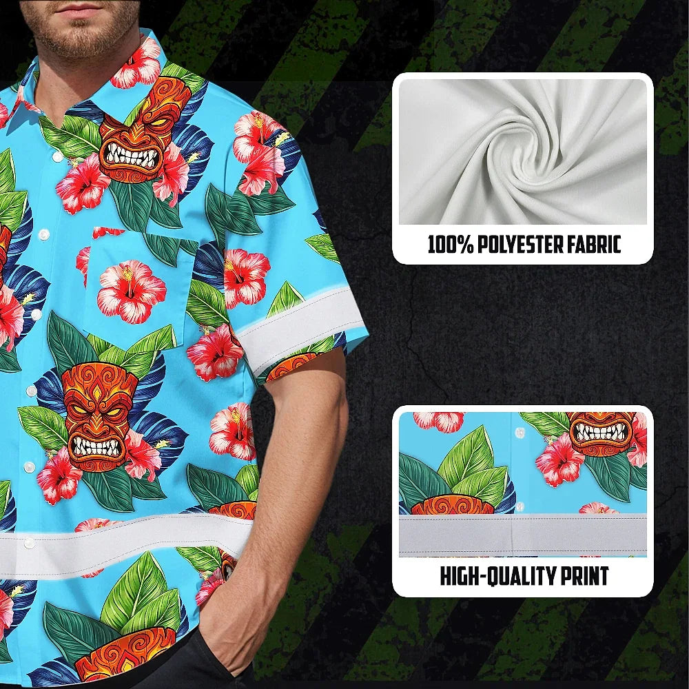 Hi Vis Hawaiian Shirt Reflective Tapes Blue Tiki Flower Custom Name Safety Workwear For Workers, Truckers, Operators