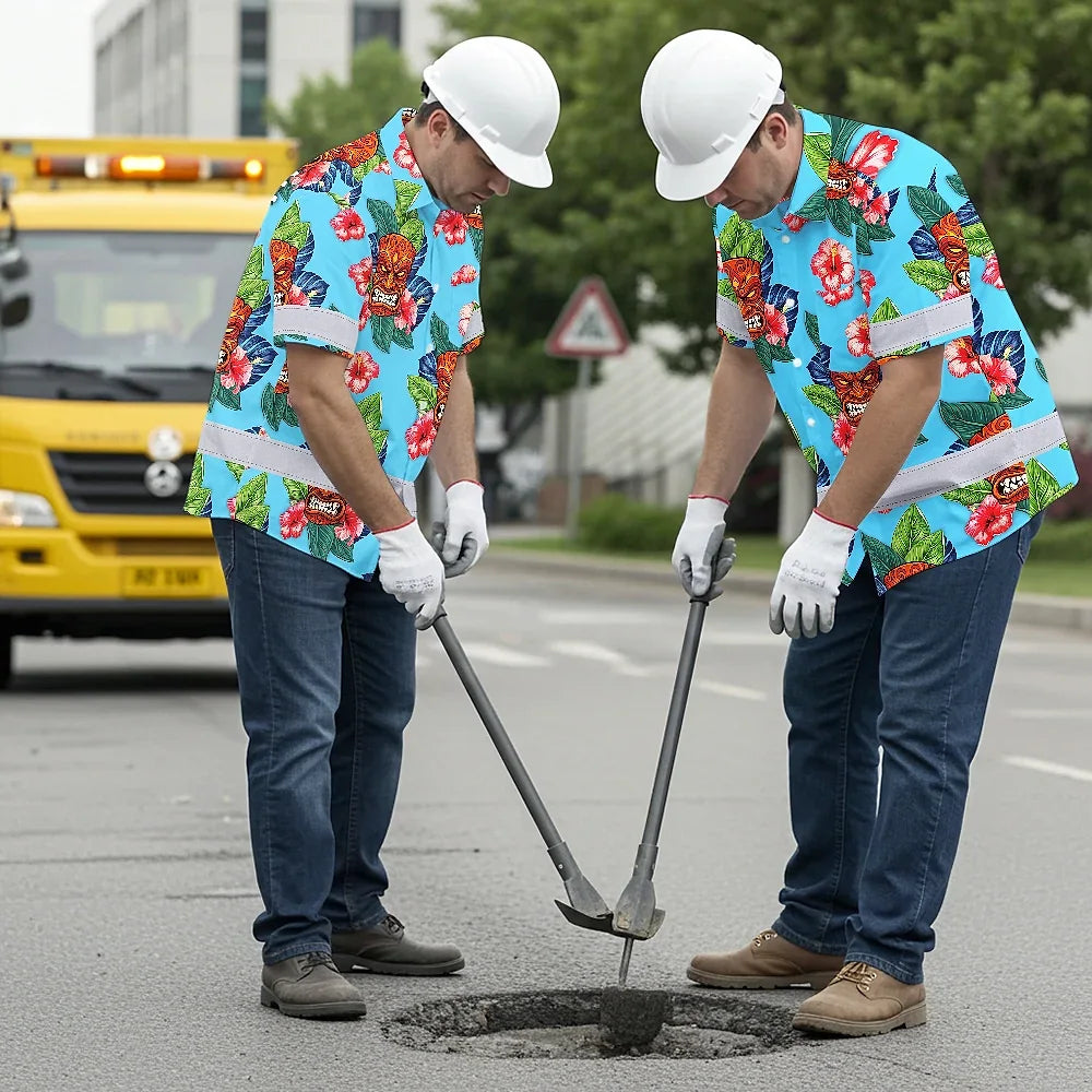 Hi Vis Hawaiian Shirt Reflective Tapes Blue Tiki Flower Custom Name Safety Workwear For Workers, Truckers, Operators