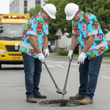 Hi Vis Hawaiian Shirt Reflective Tapes Blue Tiki Flower Custom Name Safety Workwear For Workers, Truckers, Operators