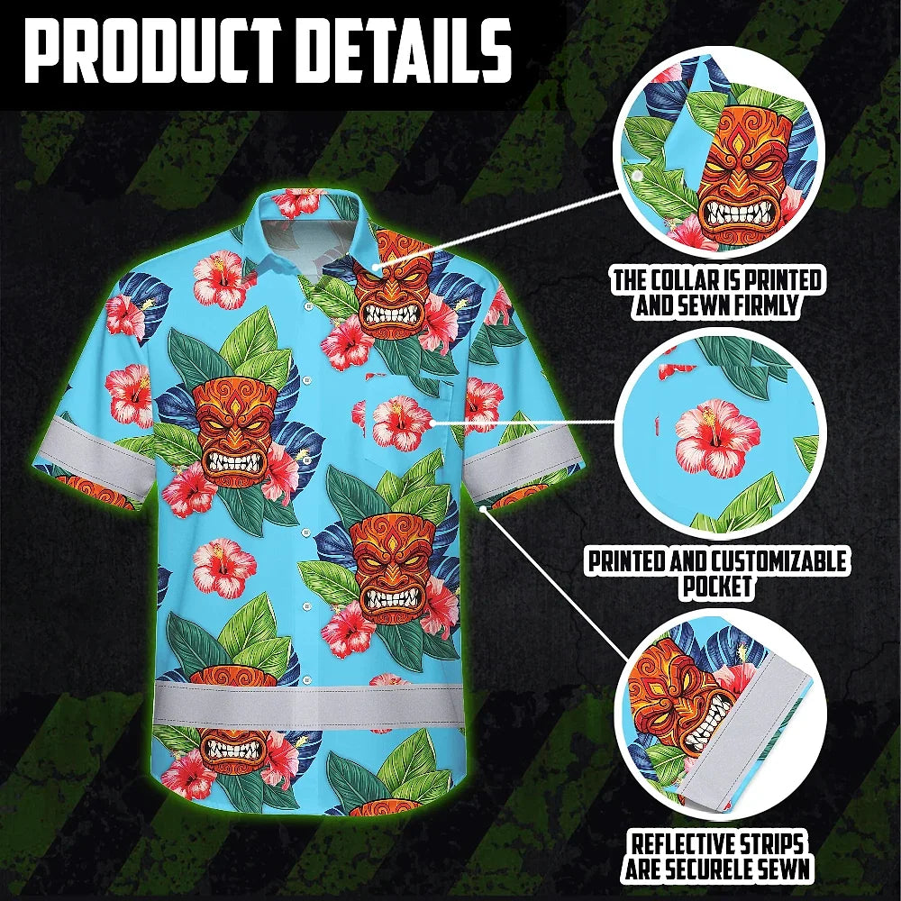 Hi Vis Hawaiian Shirt Reflective Tapes Blue Tiki Flower Custom Name Safety Workwear For Workers, Truckers, Operators