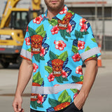 Hi Vis Hawaiian Shirt Reflective Tapes Blue Tiki Flower Custom Name Safety Workwear For Workers, Truckers, Operators