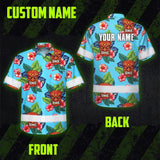 Hi Vis Hawaiian Shirt Reflective Tapes Blue Tiki Flower Custom Name Safety Workwear For Workers, Truckers, Operators