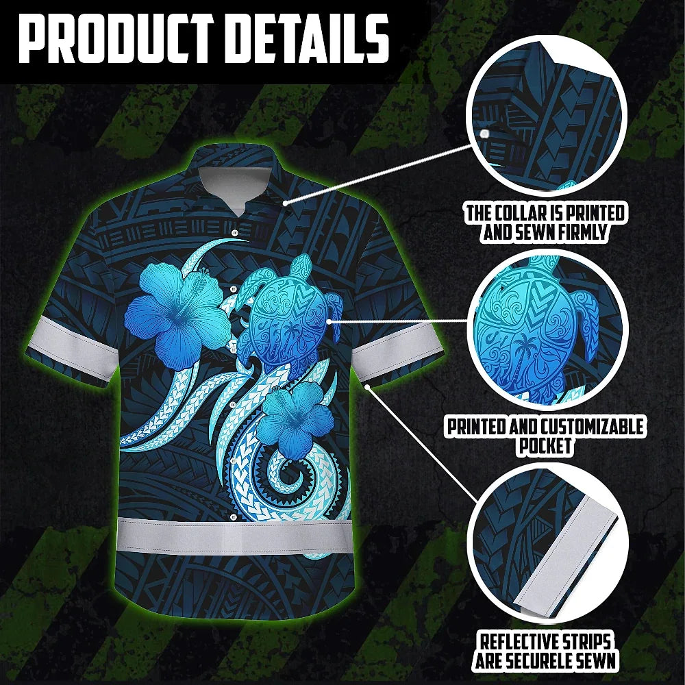 Hi Vis Hawaiian Shirt Reflective Tapes Blue Turtle Polynesian Custom Name Safety Workwear For Workers, Truckers, Operators
