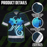 Hi Vis Hawaiian Shirt Reflective Tapes Blue Turtle Polynesian Custom Name Safety Workwear For Workers, Truckers, Operators