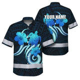 Hi Vis Hawaiian Shirt Reflective Tapes Blue Turtle Polynesian Custom Name Safety Workwear For Workers, Truckers, Operators