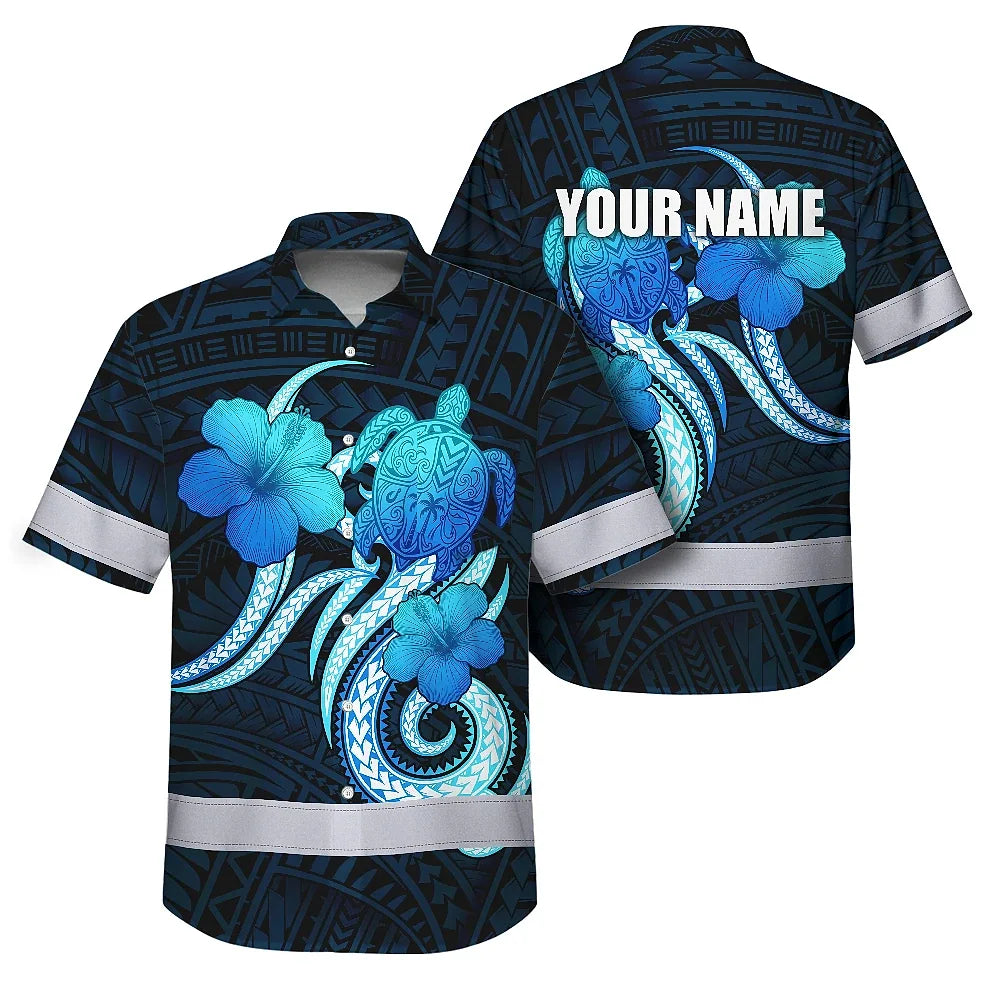 Hi Vis Hawaiian Shirt Reflective Tapes Blue Turtle Polynesian Custom Name Safety Workwear For Workers, Truckers, Operators