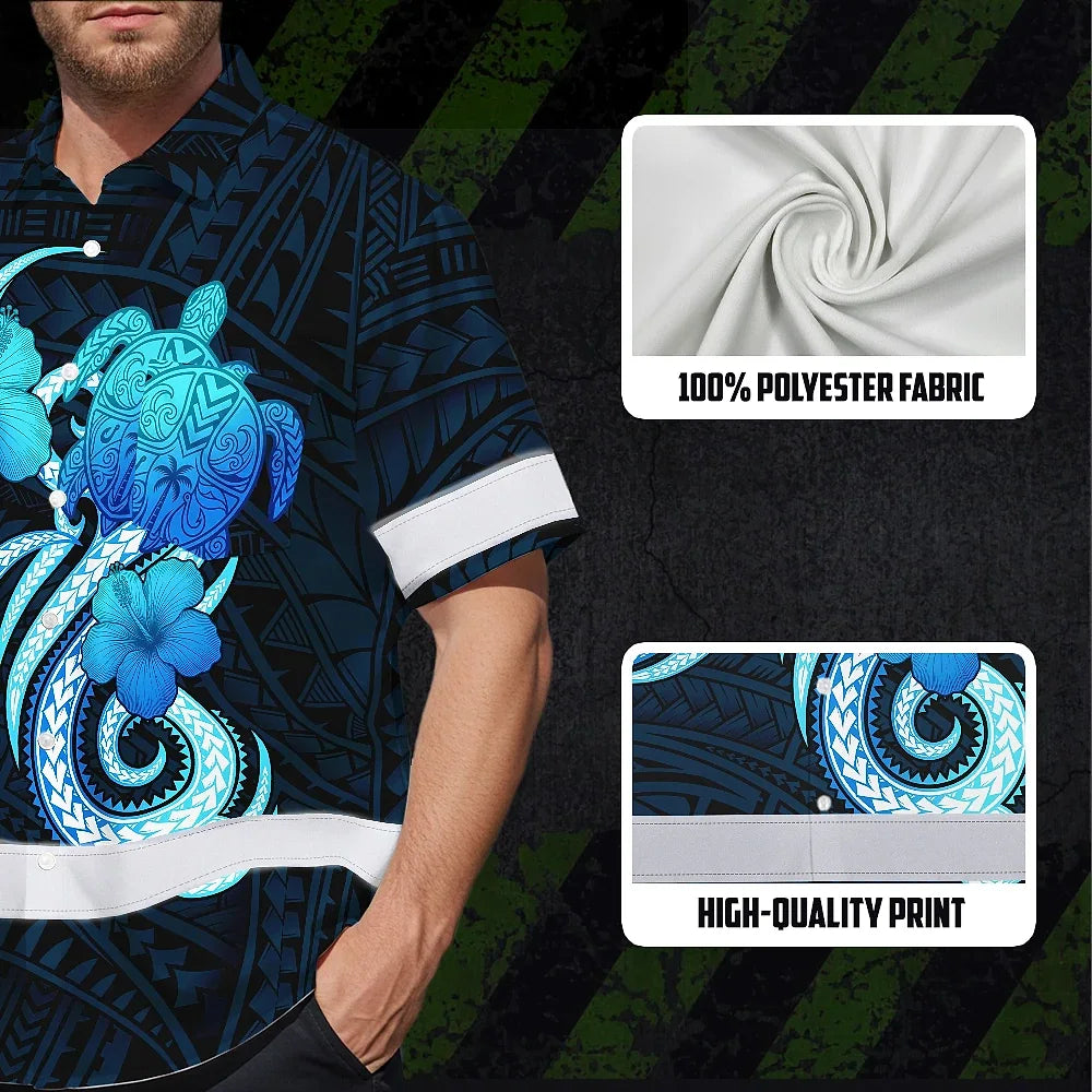 Hi Vis Hawaiian Shirt Reflective Tapes Blue Turtle Polynesian Custom Name Safety Workwear For Workers, Truckers, Operators