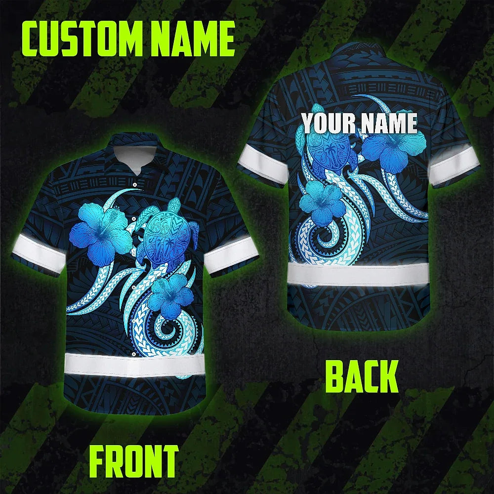 Hi Vis Hawaiian Shirt Reflective Tapes Blue Turtle Polynesian Custom Name Safety Workwear For Workers, Truckers, Operators