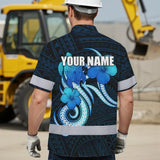 Hi Vis Hawaiian Shirt Reflective Tapes Blue Turtle Polynesian Custom Name Safety Workwear For Workers, Truckers, Operators