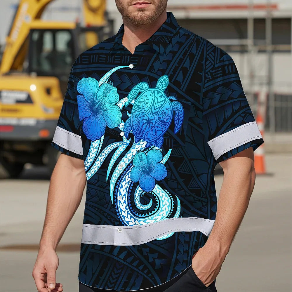 Hi Vis Hawaiian Shirt Reflective Tapes Blue Turtle Polynesian Custom Name Safety Workwear For Workers, Truckers, Operators